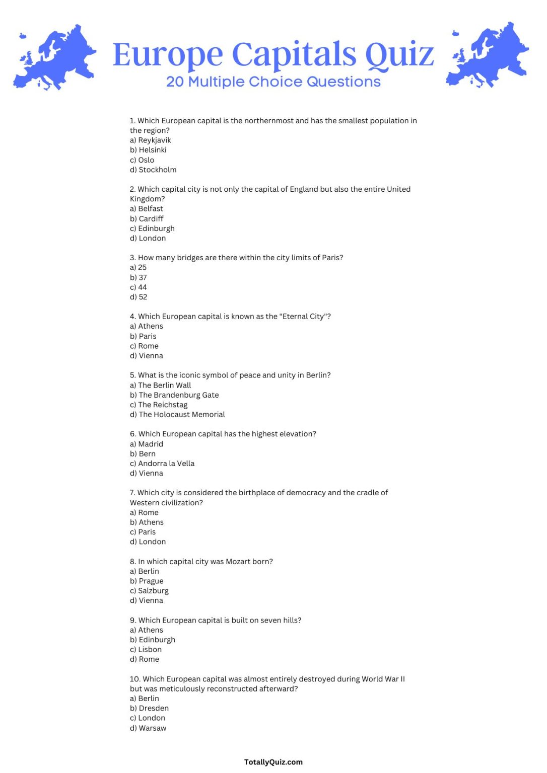 European Capital Cities Quiz - 20 Multiple Choice Questions