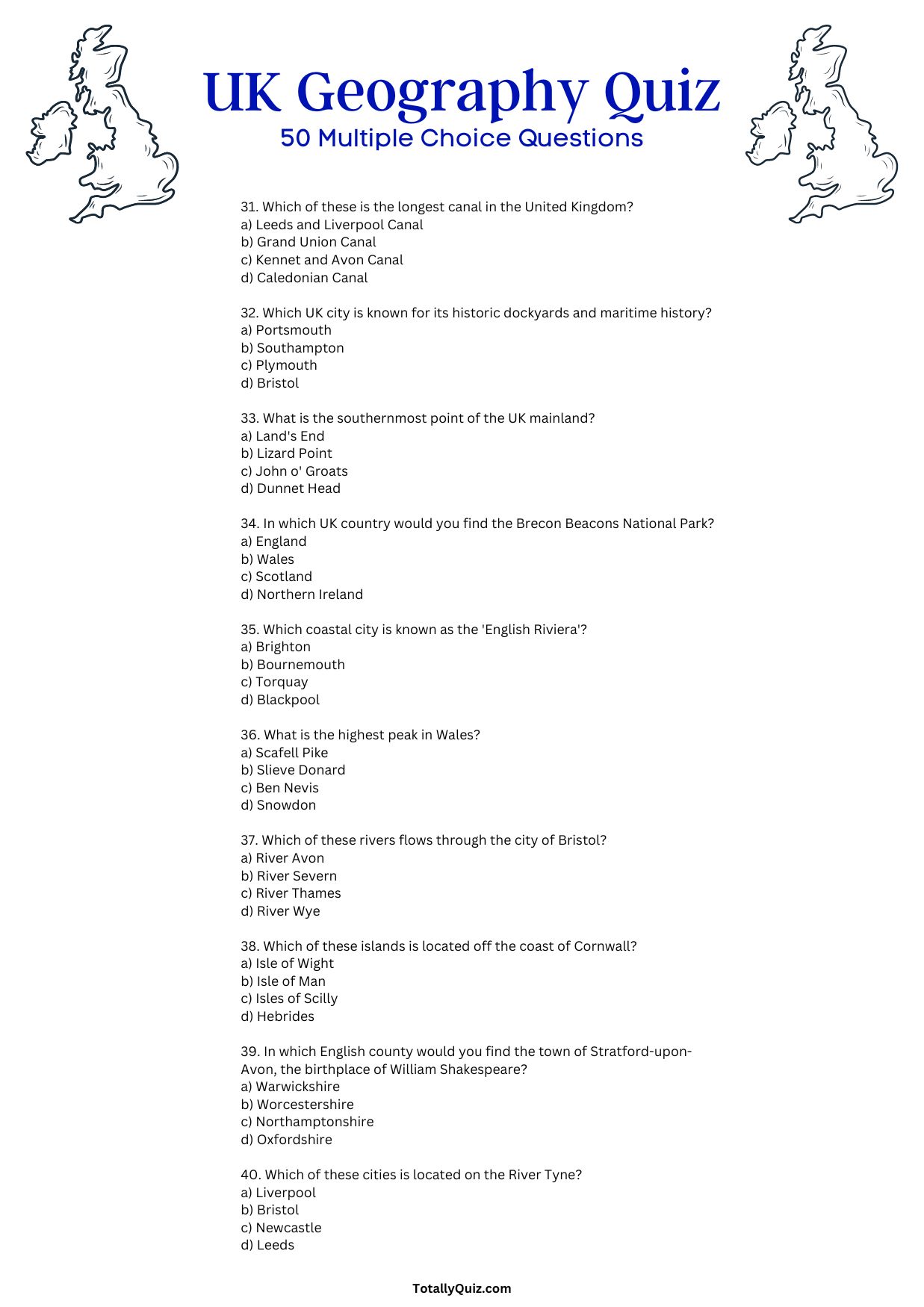 UK Geography Quiz - 50 Multiple Choice Questions (2023 edition)
