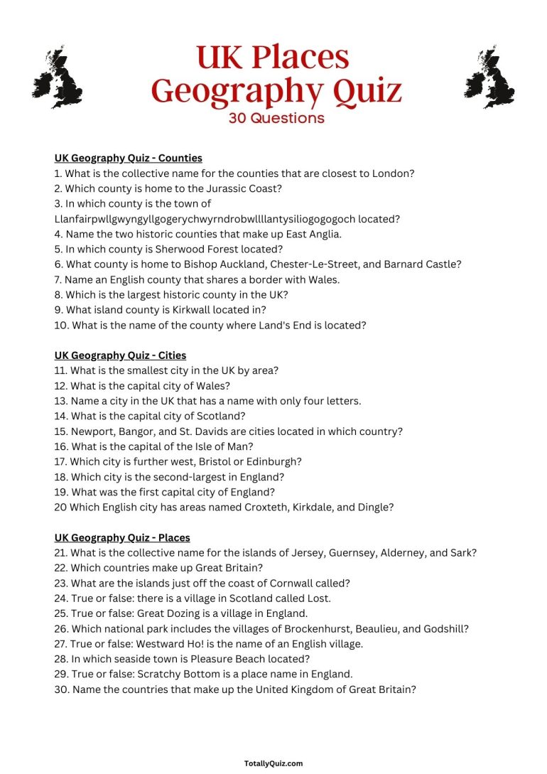 UK Geography Quiz - Places - 30 Questions and Answers