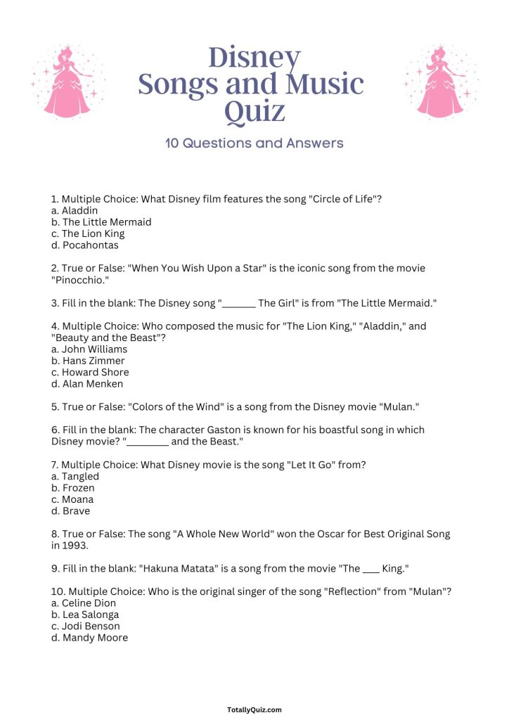 Disney Songs and Music Quiz - 10 Questions