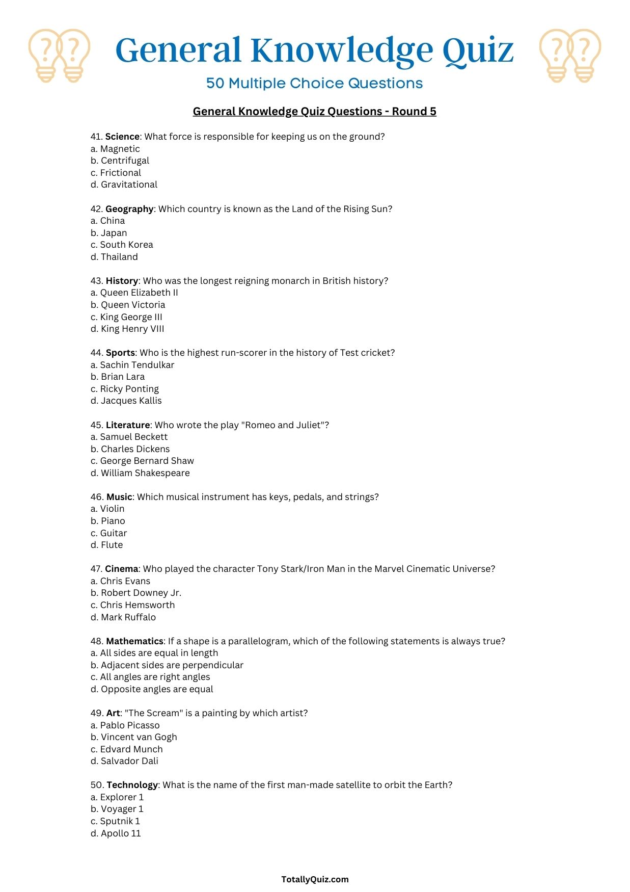 General Knowledge Quiz 50 Multiple Choice Questions [2023]