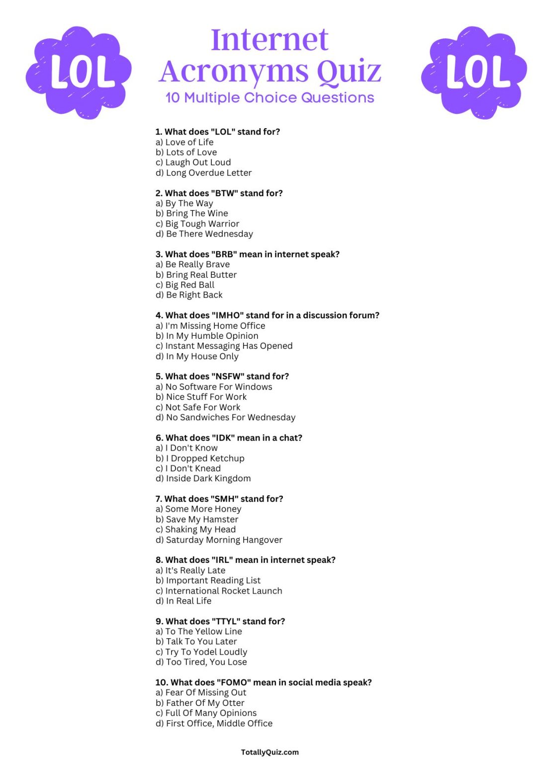 Acronym Quiz 10 Multiple Choice Questions and Answers